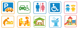 駐車場、車いす駐車区画、トイレ、多目的トイレ、こどもトイレ、ベビーシート、ベビーチェア、休憩所、水飲み場、遊具のアイコン