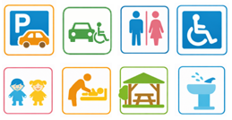 駐車場、車いす駐車区画、トイレ、多目的トイレ、こどもトイレ、ベビーシート、休憩所、水飲み場のアイコン
