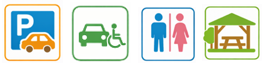 駐車場、車いす駐車区画、トイレ、休憩所のアイコン