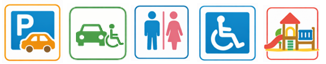 駐車場、車いす駐車区画、トイレ、多目的トイレ、遊具のアイコン