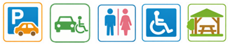 駐車場、車いす駐車区画、トイレ、多目的トイレ、休憩所のアイコン